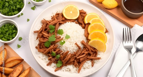 Savory Meal With Rice, Pulled Meat, Lemons, Potatoes, and Fresh Garnishes