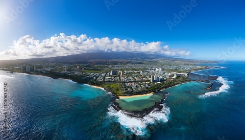 kona aerial view stunning panoramic landscape of blue waters sandy beach and vibrant city against the sky photo