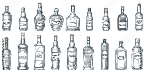 Alcohol drink bottles icons set. Vector hand drawn sketch illustration. Bar menu design elements