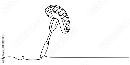 Raw beef brisket flat steak on fork with place for text, continuous one line drawing, Steak on a Fork.