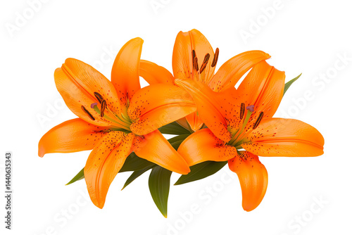 Three vibrant orange lilies with green leaves and prominent stamens.