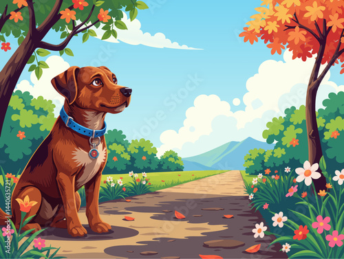 a dog is sitting on the road in the autumn forest
