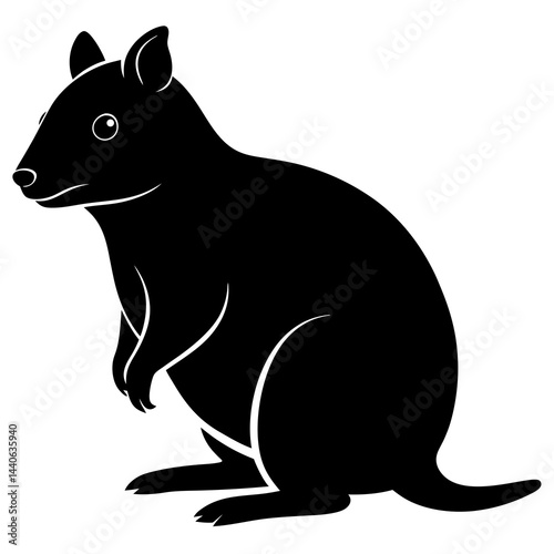 Silhouette of a quokka, an Australian marsupial, in black and white illustration