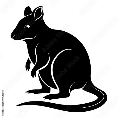 Silhouette of a quokka, an Australian marsupial, in black and white illustration