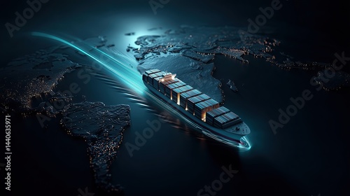 Bright Container Ship on Dark Blue Ocean Ribbon Minimal Low-Poly