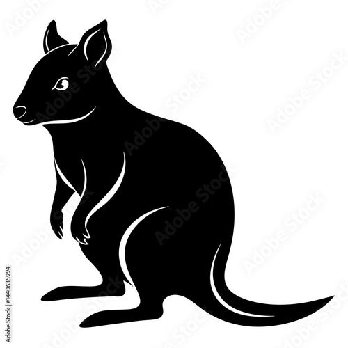 Silhouette of a quokka, an Australian marsupial, in black and white illustration