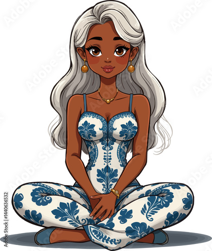  a woman in a blue and white dress sitting on a yoga mat