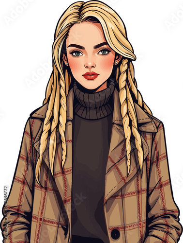 a woman with long blonde hair wearing a brown jacket and black turtle neck sweater