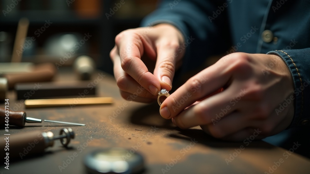 Obraz premium Jeweler Inspecting Handmade Diamond Ring