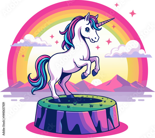 a unicorn standing on top of a tree stump with a rainbow in the background