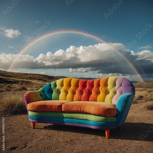 A whimsical sofa shaped like a rainbow in a cartoon landscape.