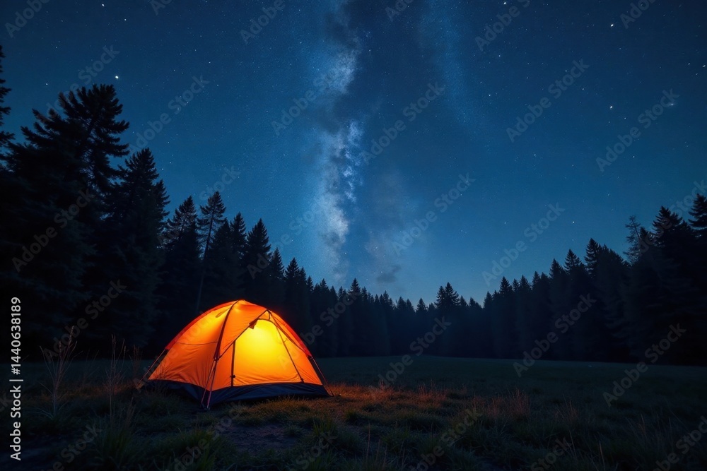 Starry night sky over a lone tent in a dark forest , wildlife, leaves, tranquility Starry night sky over a lone tent in a dark forest , wildlife, leaves, tranquility