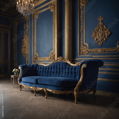 A rich indigo sofa in an elegant baroque-style room.