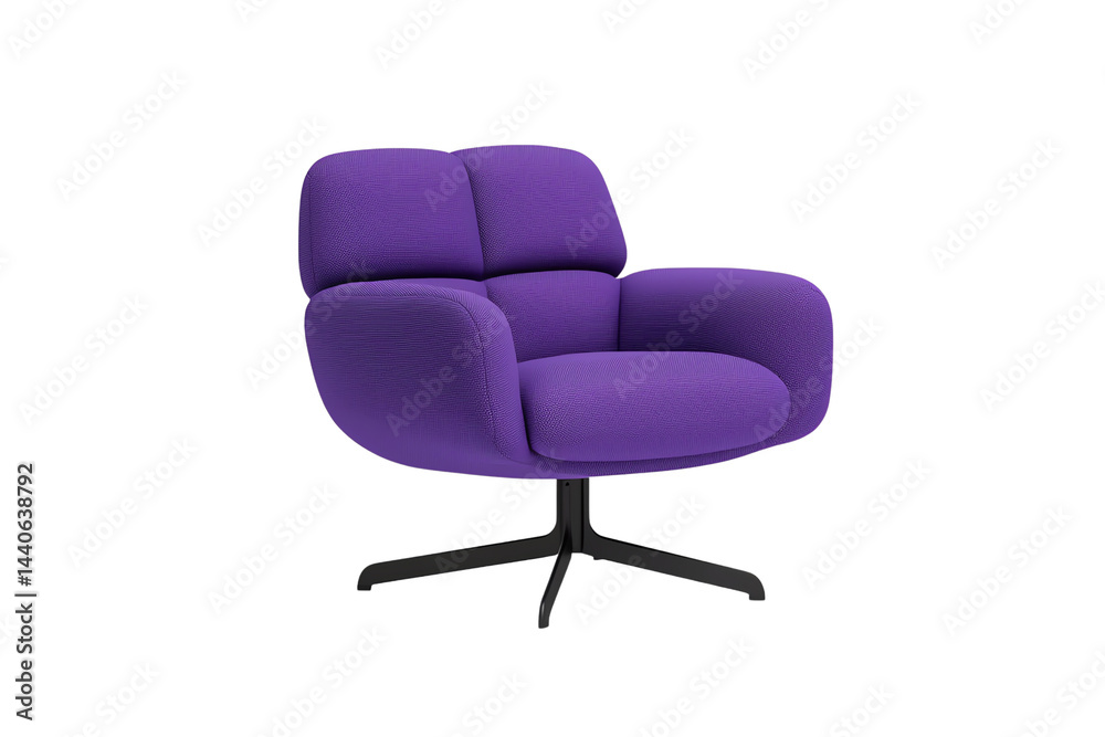 Modern purple armchair with plush, textured upholstery and a sturdy black swivel base. Modern purple armchair with plush, textured upholstery and a sturdy black swivel base.
