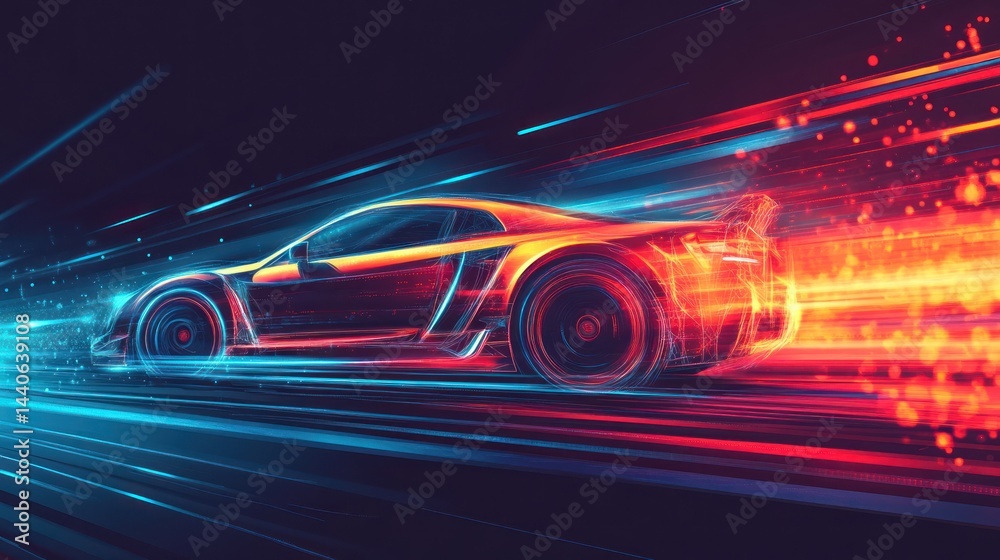 Sleek sports car speeding, vibrant light trails. Sleek sports car speeding, vibrant light trails.
