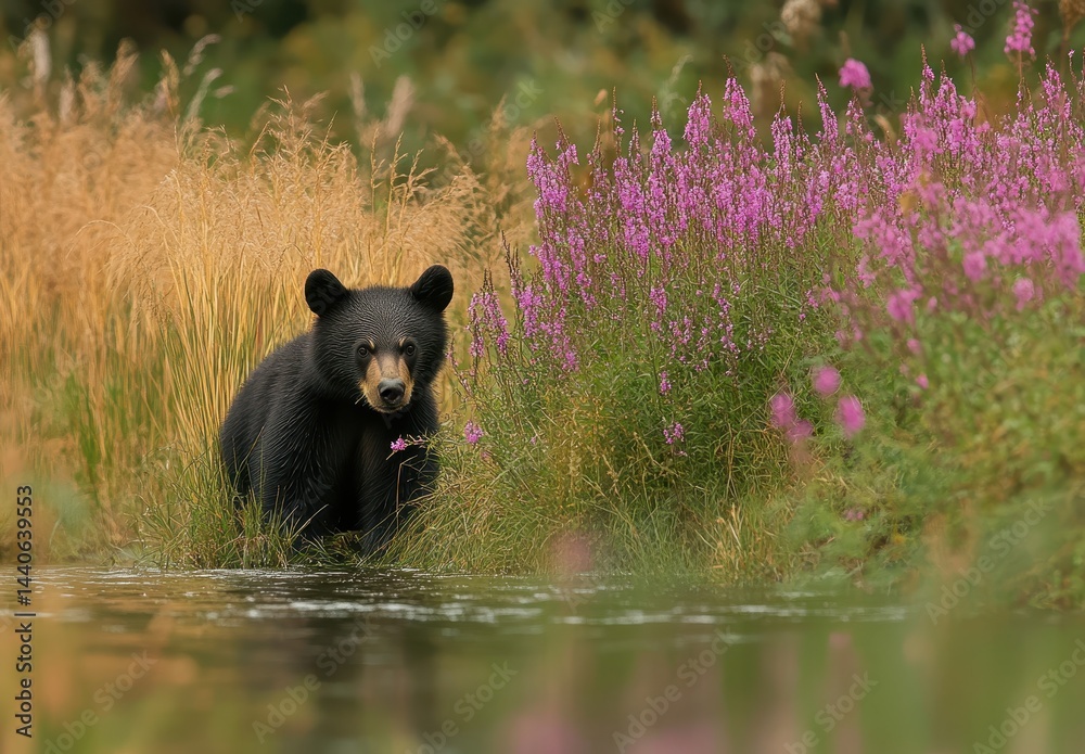 Black bear beside a tranquil stream surrounded by vibrant pink flowers and lush greenery in a serene natural habitat during summer season Black bear beside a tranquil stream surrounded by vibrant pink flowers and lush greenery in a serene natural habitat during summer season