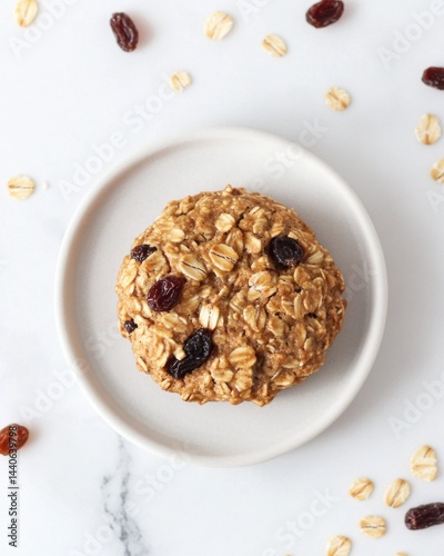 Healthy Oatmeal Raisin Cookie on White Plate Surrounded by Scattered Raw Ingredients