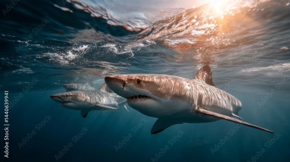 Fototapeta premium A mesmerizing display of powerful sharks swims effortlessly in the deep blue ocean. Rays of sunlight pierce through the water, highlighting their sleek forms. Nature's beauty is on full show