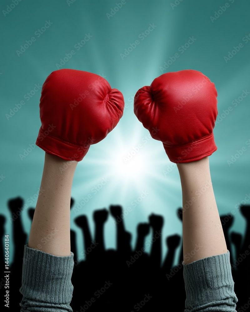 Winning Spirit: Red Boxing Gloves Raised High Against Vibrant Background with Dark Silhouettes