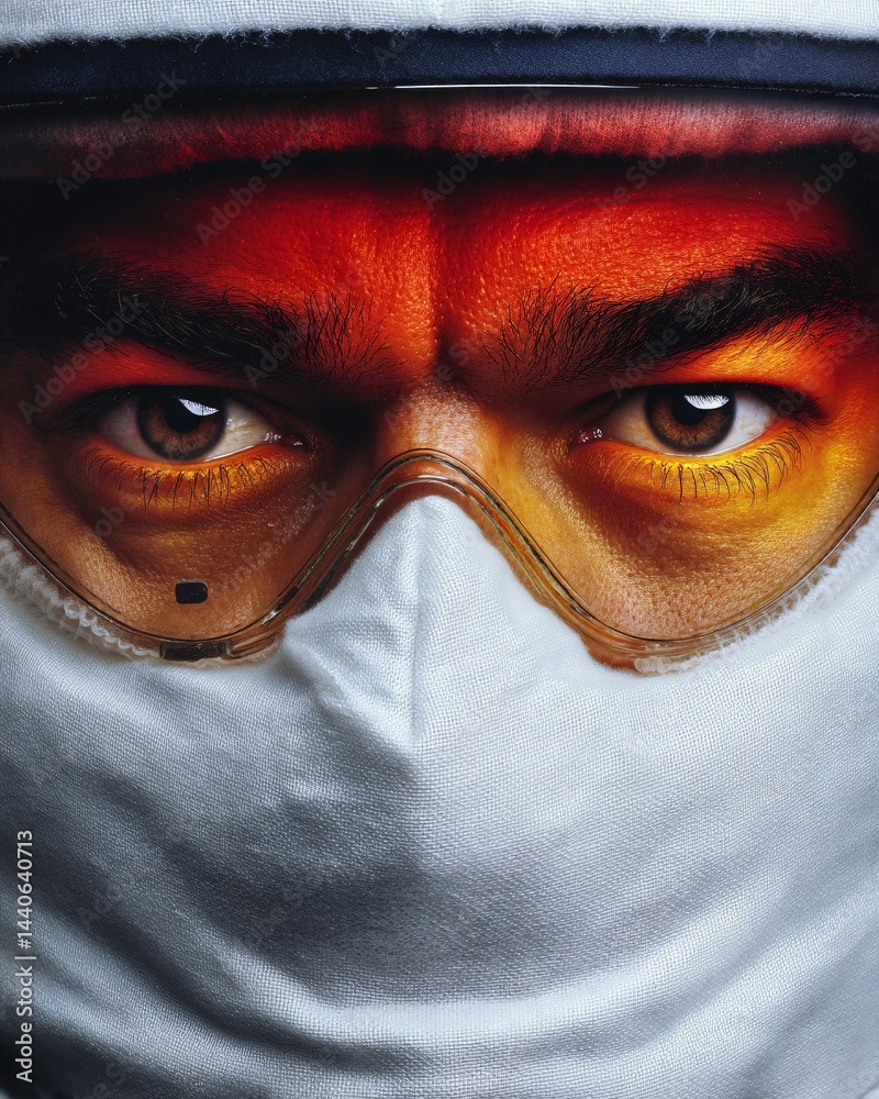 Close-Up of Intense Eyes Behind Protective Gear with Bold Color Contrast and Expression