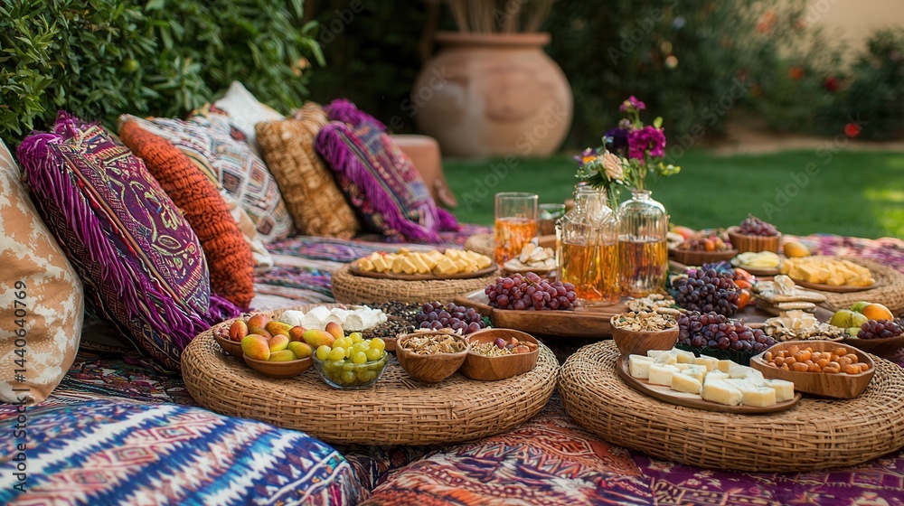 Fototapeta premium boho style guest treats at a picnic, rattan trays, colorful cushions, natural snacks like fruits and cheese, outdoor setting