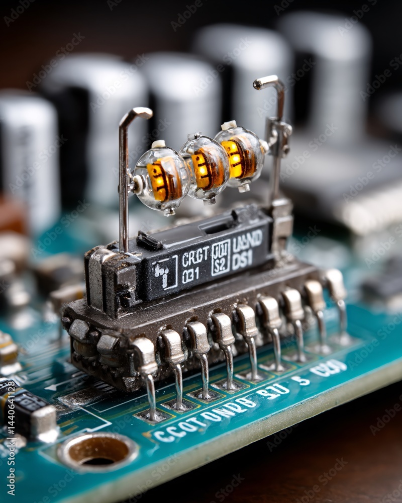 Close-Up of an Electronic Component on a Circuit Board, Focused on Resistors and Capacitors