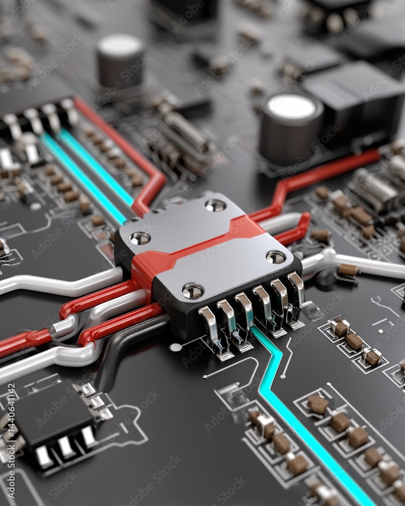 Detailed Close-Up of Modern Circuit Board with Colorful Electronic Components and Connections