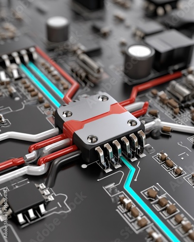 Obraz na płótnie Detailed Close-Up of Modern Circuit Board with Colorful Electronic Components and Connections w salonie