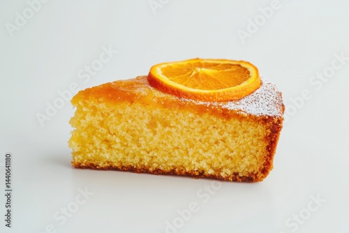 Slice of Orange Upside Down Cake with Glazed Citrus Top and Moist Yellow Crumb