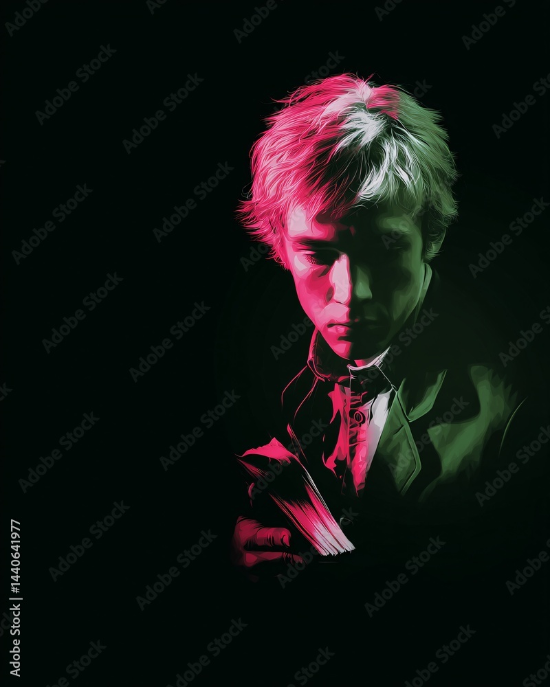 Portrait of a Young Man Holding a Book in a Dramatic Light with Abstract Colors