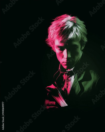 Obraz na płótnie Portrait of a Young Man Holding a Book in a Dramatic Light with Abstract Colors w salonie