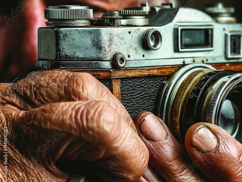 Old Hands, Vintage Camera. Expertly aged hands hold a weathered antique camera. A testament to time and artistry.