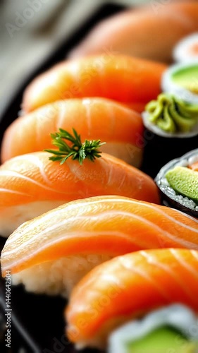 Delicious salmon and avocado sushi displayed on black plate