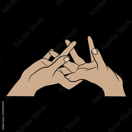 Two human hands with interwoven fingers. Emotional gesture of despair. Stretching arms. On black background.