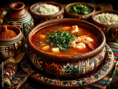 Obraz na płótnie Spicy Shrimp Soup in Traditional Pottery w salonie