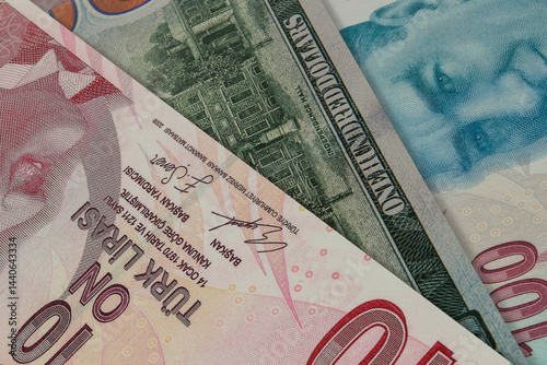 Fototapeta Naklejka Na Ścianę i Meble -  Turkish lira and US dollar banknotes. Cash. Financial concept.