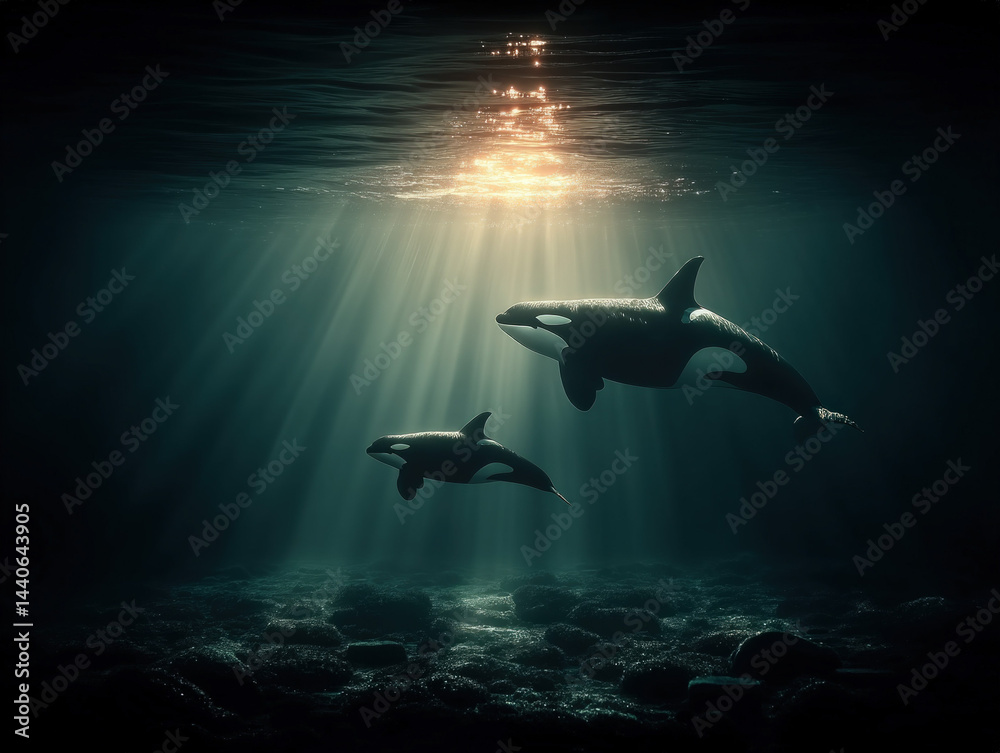 Orcas in Deep Sea Sunlight
