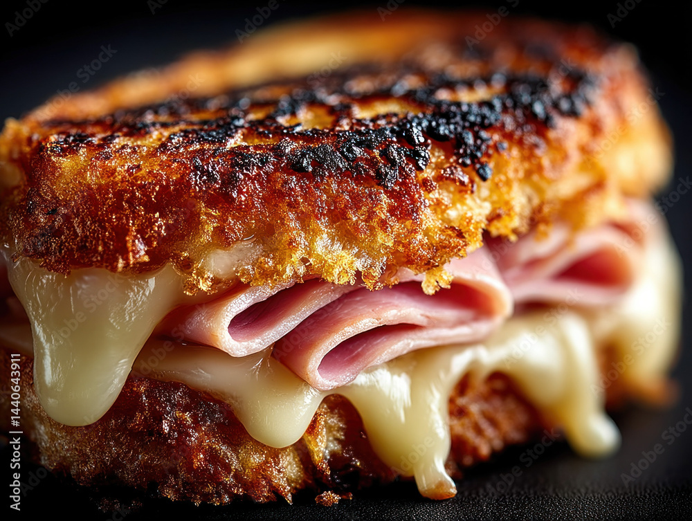 A golden toasted ham and cheese sandwich