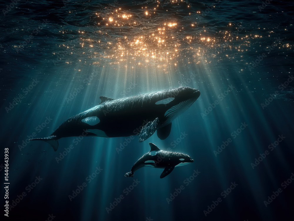 Orca Mother and Calf, Sunlight Beams