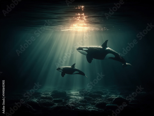 Obraz na płótnie Orcas in Deep Sea Sunlight w salonie