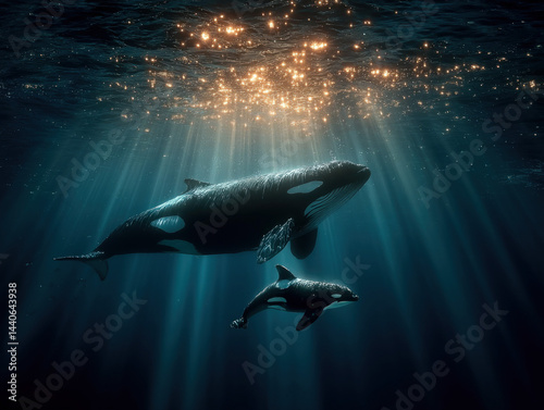 Obraz na płótnie Orca Mother and Calf, Sunlight Beams w salonie