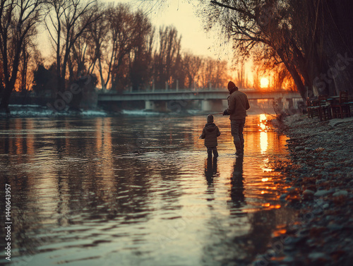 Obraz na płótnie Golden Hour Fishing, Father & Son w salonie