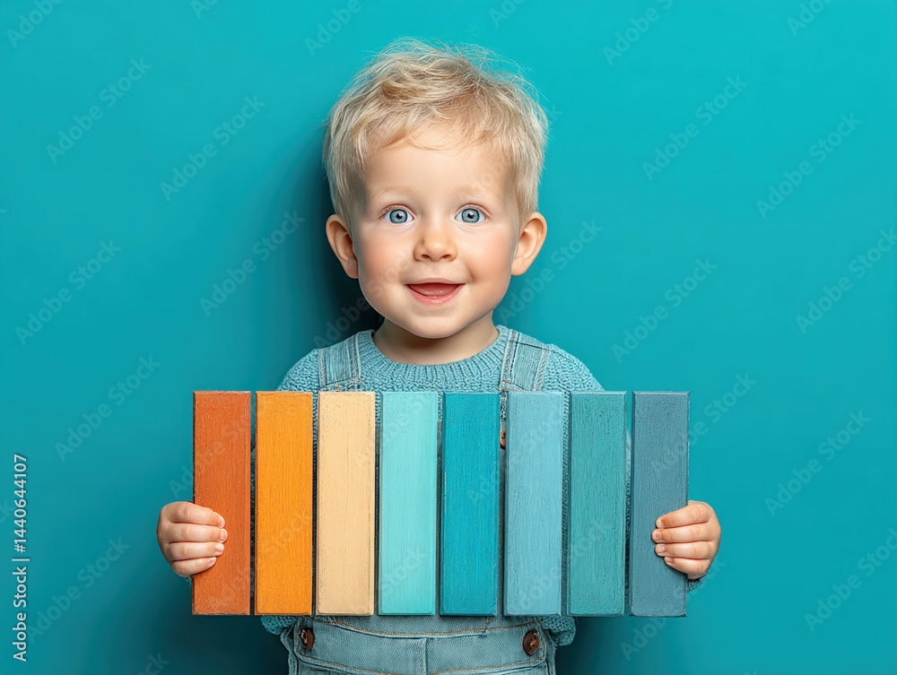 Smiling Toddler with Colorful Wooden Panels.