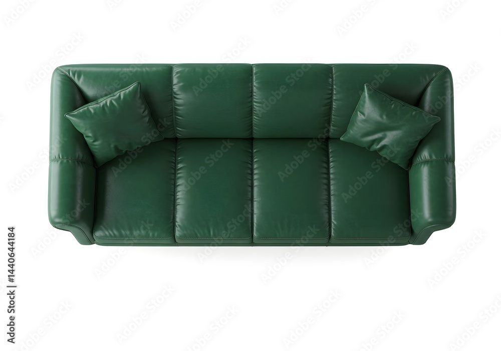 Top view of a luxurious emerald green leather sofa with two matching pillows. Perfect for adding a touch of elegance to any living room.
