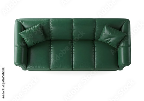 Obraz na płótnie Top view of a luxurious emerald green leather sofa with two matching pillows. Perfect for adding a touch of elegance to any living room. w salonie