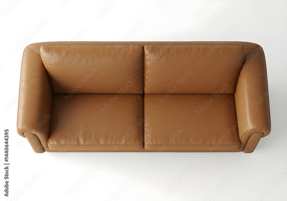 Top view of a tan leather sofa. The simple design and rich color create a sophisticated look.