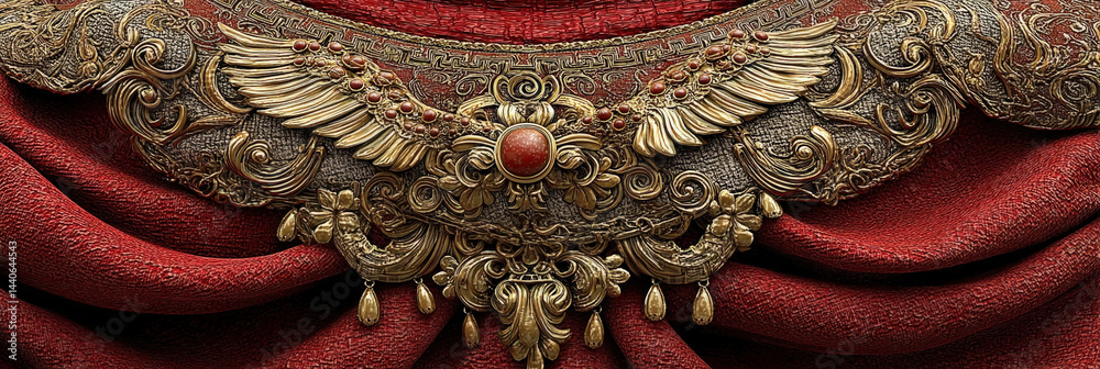 Ornate Gold Embellishment on Red Fabric.