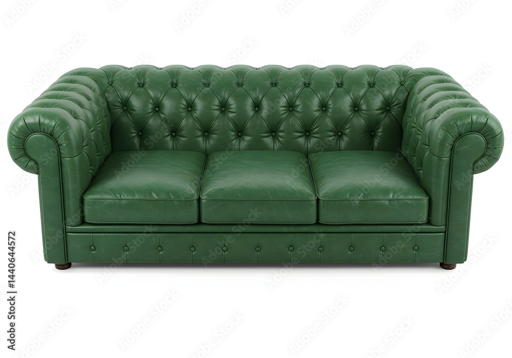 Elegant emerald green leather chesterfield sofa, perfect for a luxurious living room. The deep button tufting adds a touch of classic sophistication.