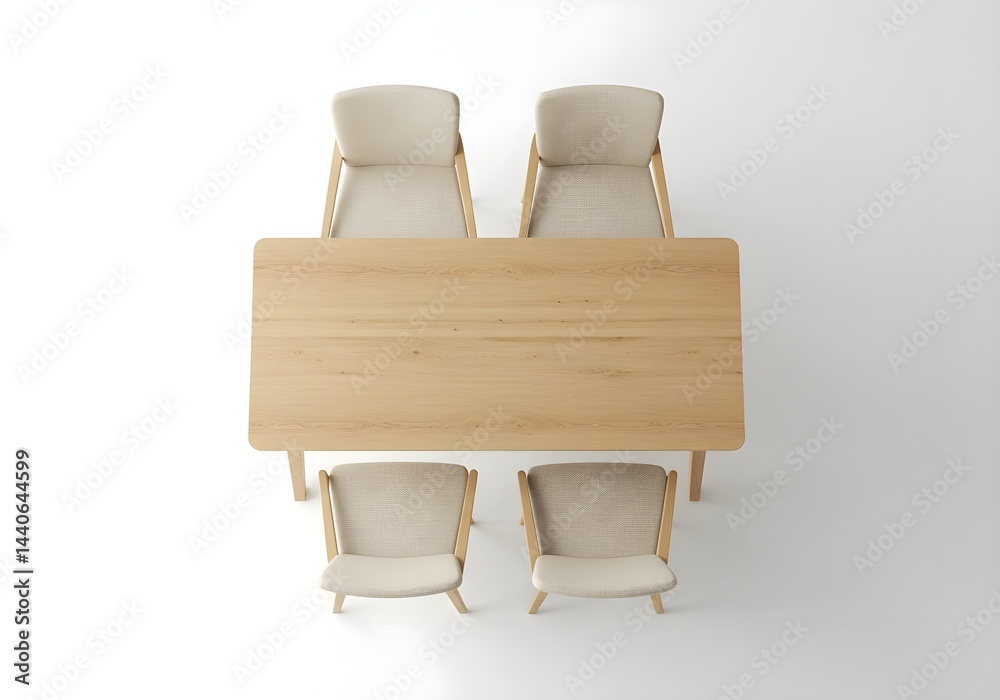 Top-down view of a light wood dining table surrounded by four light beige upholstered chairs.