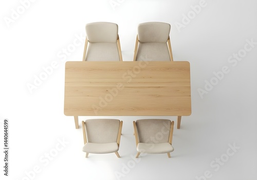 Obraz na płótnie Top-down view of a light wood dining table surrounded by four light beige upholstered chairs. w salonie